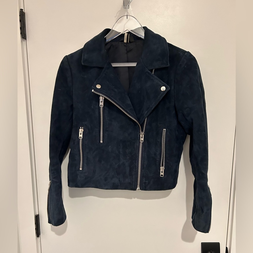 Blue suede moto jacket
